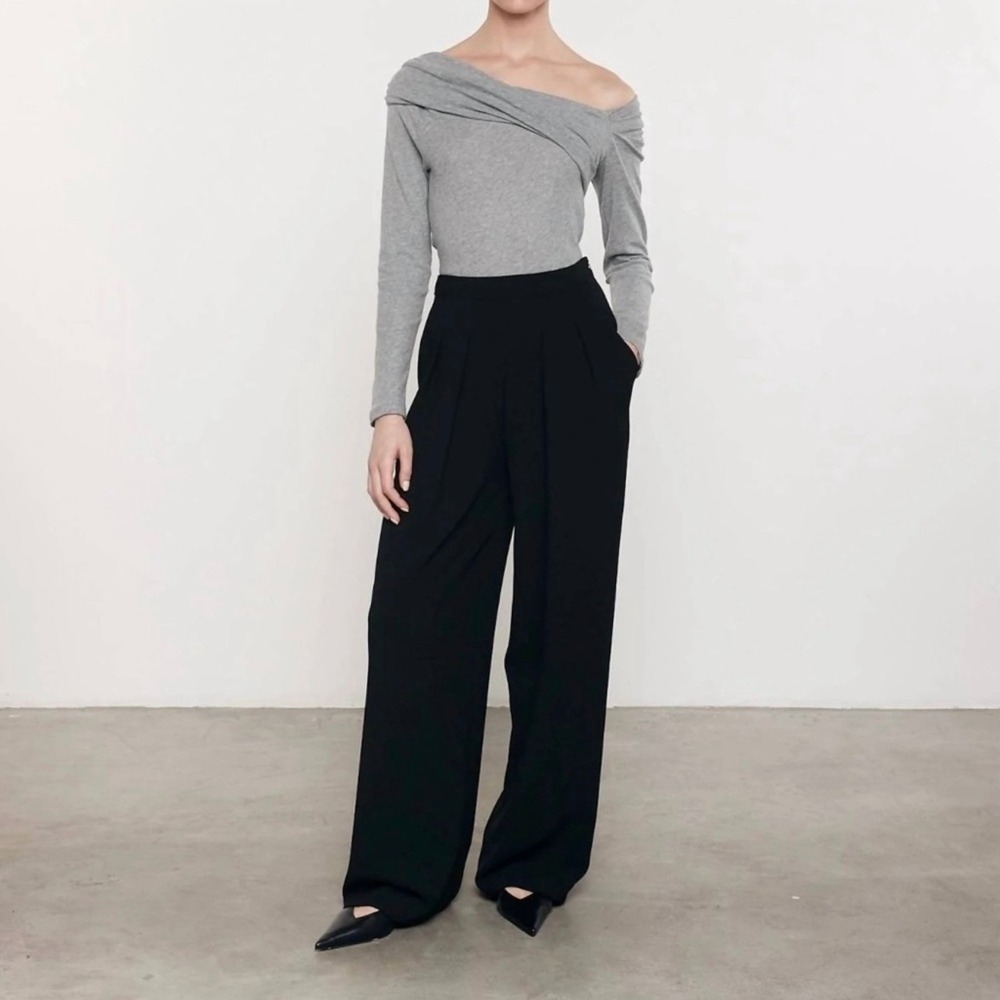 ENZA COSTA Cashmere One Shoulder Drape Top Medium Gray Asymmetrical Long Sleeve